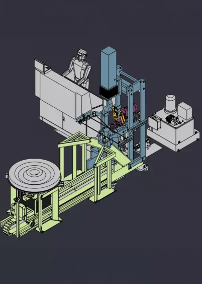 Wizualizacja automatycznego stanowiska Ernst BRE-AUT-MAR do pomiaru twardości surowych kół kolejowych