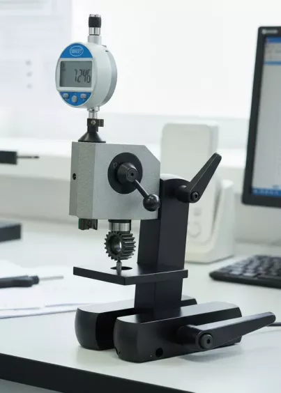 Samocentrujący miernik Diatest AMG na stanowisku laboratoryjnym, pomiar koła zębatego