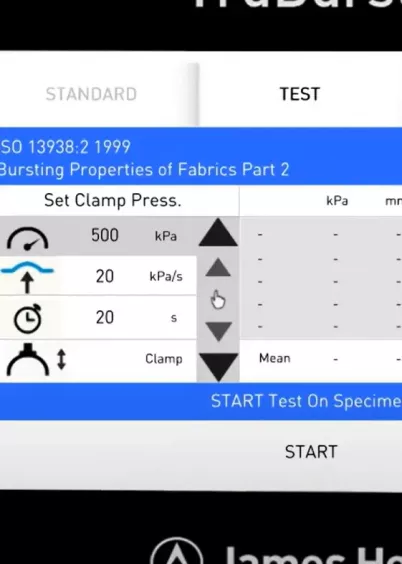 Panel dotykowy TruBurst z&nbsp;ustawieniami testu ISO 13938-2 i&nbsp;ASTM D3786