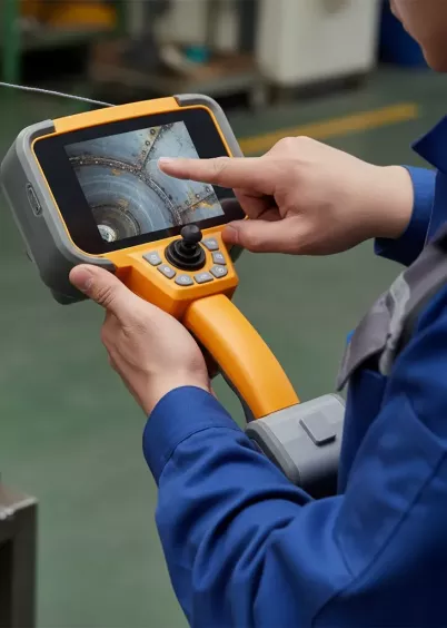 Operator obsługuje endoskop RVI Inspector Touch, widok inspekcji na dotykowym ekranie.