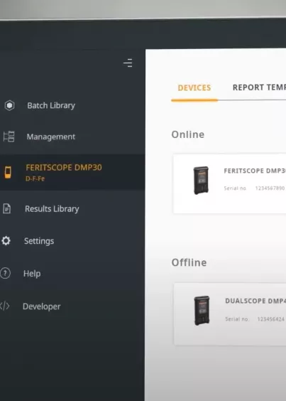 Zrzut ekranu FISIQ T z&nbsp;listą urządzeń FERITSCOPE DMP30 online/offline