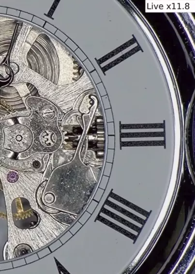 Obraz z&nbsp;mikroskopu cyfrowego INSPEX 3 przedstawiający zbliżenie mechanizmu zegarka