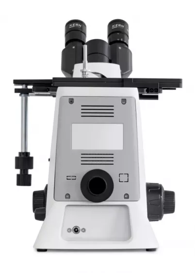 Tył mikroskopu metalograficznego KERN OLM-170 (trinokularowy) – panel i&nbsp;elementy regulacyjne