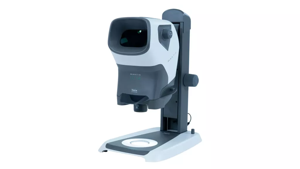 Mikroskop stereoskopowy Mantis IOTA na statywie Stabila, widok z przodu