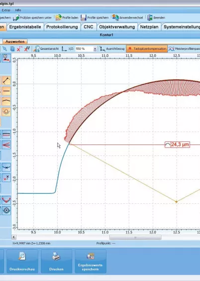 Wyniki pomiaru konturu w&nbsp;oprogramowaniu Evovis – wykres porównawczy nominalny i&nbsp;rzeczywisty profil