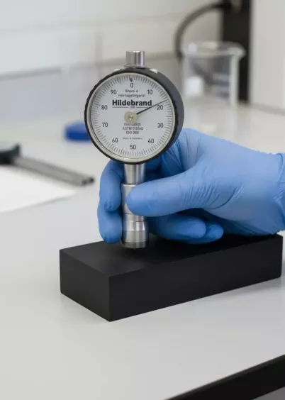 Twardościomierz Shore A HD3000 Hildebrand podczas pomiaru twardości materiału