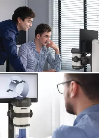 Specjaliści oglądający obraz 3D z&nbsp;mikroskopu cyfrowego ProteQ VISO