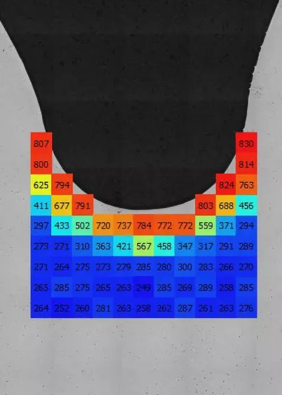 Wizualizacja rozkładu twardości HV (Vickers) – mapa pomiarowa z&nbsp;wartościami na próbce