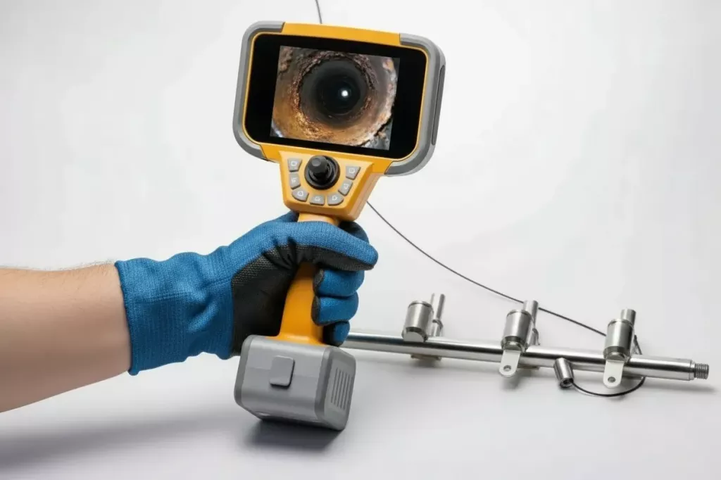 Wideoendoskop RVI Inspector Touch z&nbsp;joystickiem – podgląd wnętrza rurociągu z&nbsp;oznakami korozji na ekranie