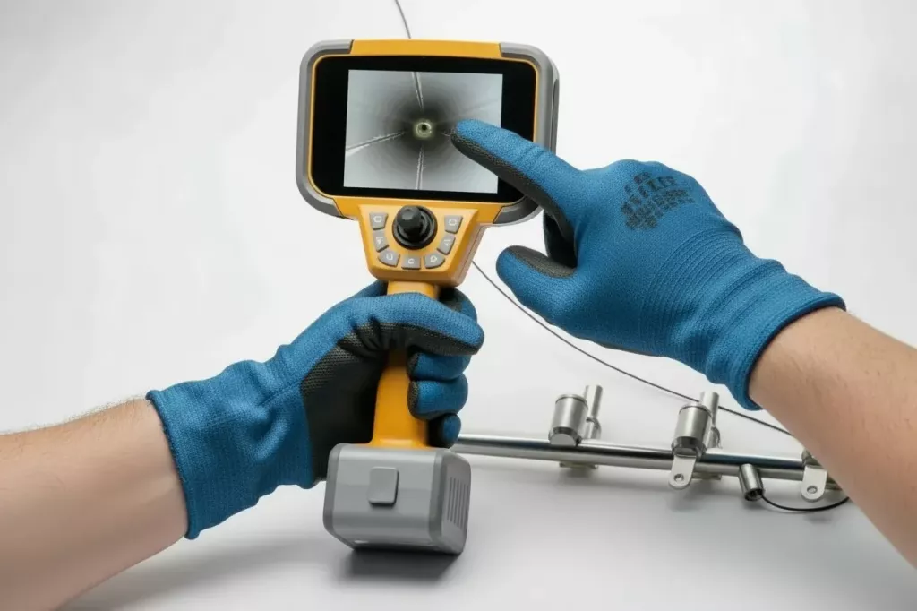 Wideoendoskop RVI Inspector Touch – wskazanie defektu na ekranie podczas inspekcji wnętrza rurociągu (obraz HD, IP67)