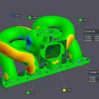 Mapa kolorów z&nbsp;inspekcji 3D: porównanie skanu HandySCAN 3D MAX z&nbsp;modelem CAD w&nbsp;VXinspect; odchyłki wymiarowe oznaczone skalą barw.