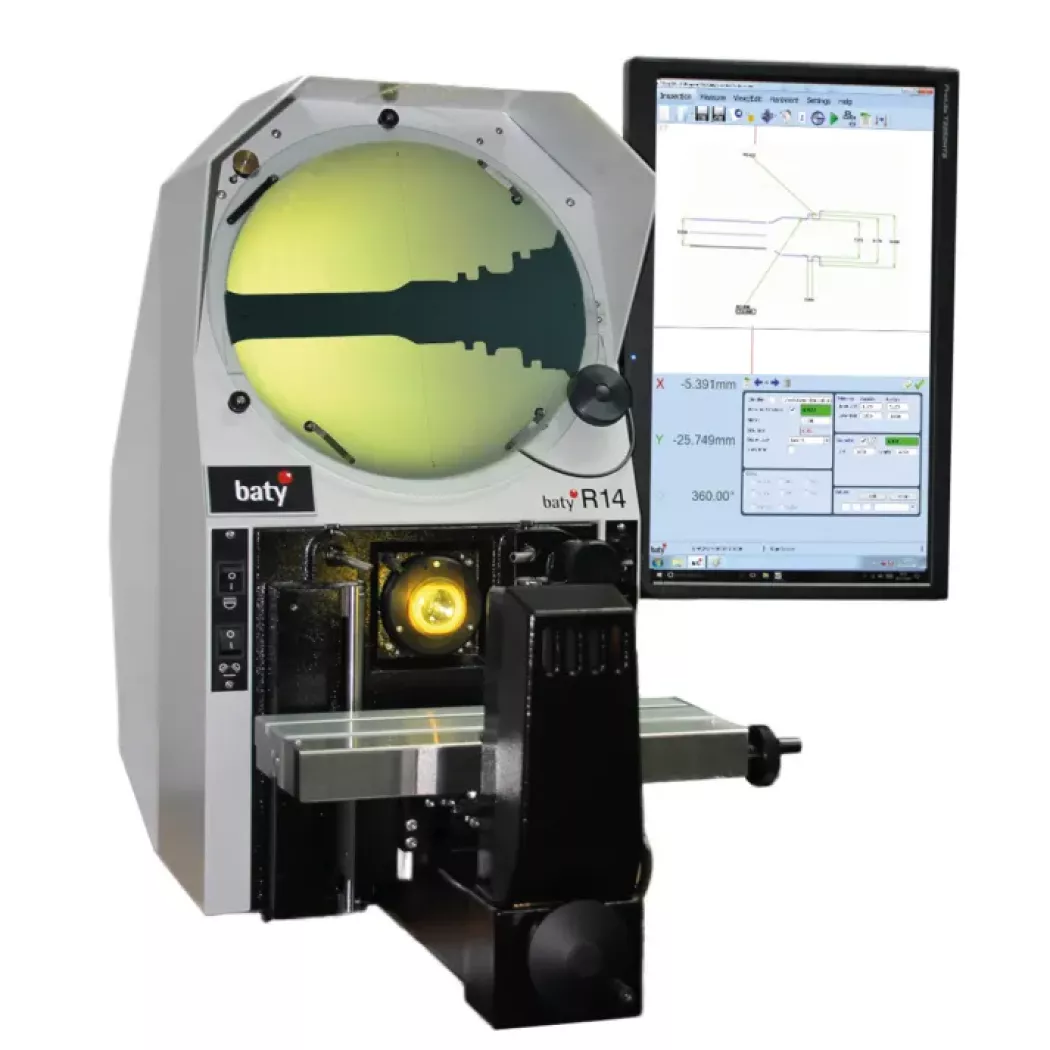 Projektor pomiarowy Baty R14 z&nbsp;ekranem i&nbsp;monitorem Fusion – pomiar wałków, tulei i&nbsp;narzędzi