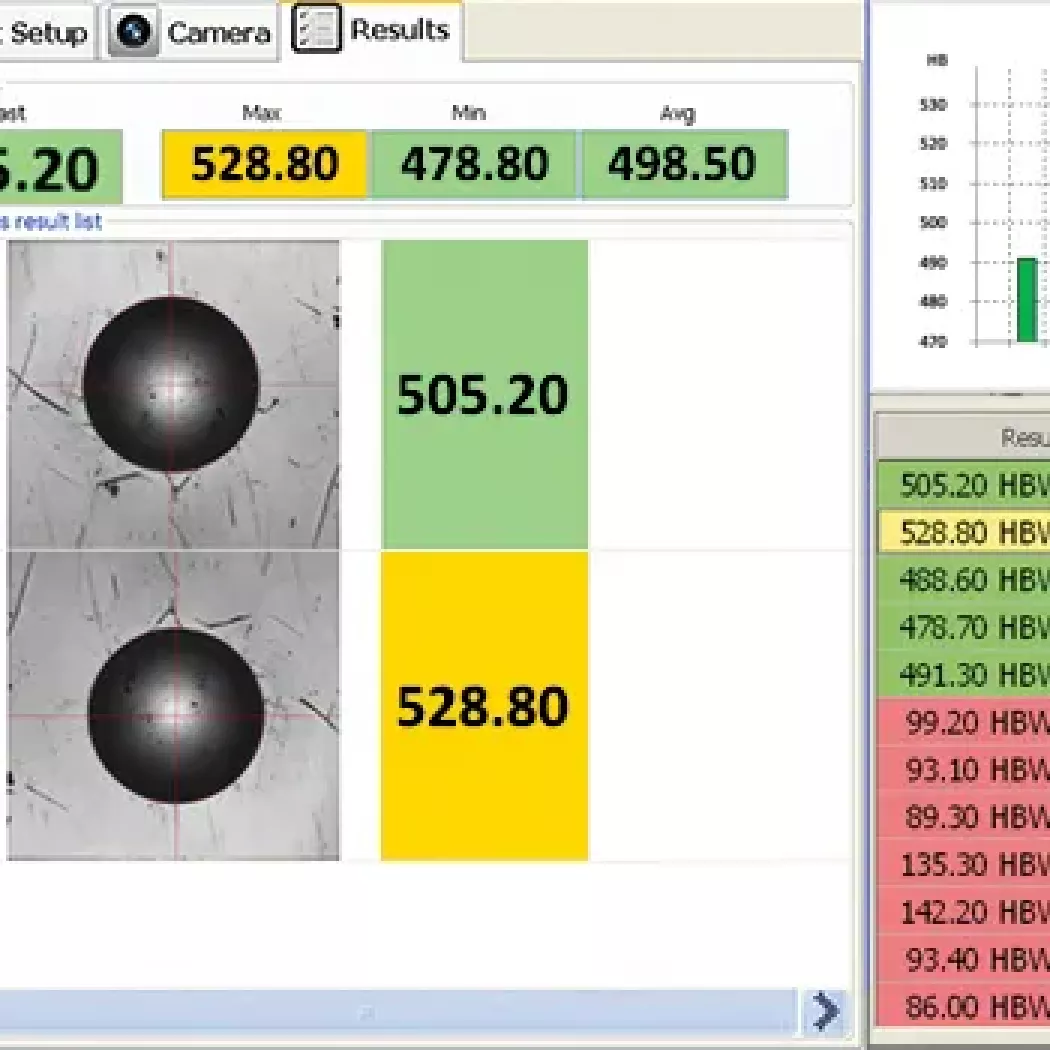 Widok wyników w&nbsp;oprogramowaniu twardościomierza Brinella Integral Wheels