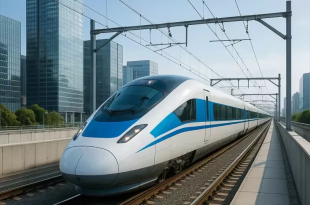 Szybki pociąg elektryczny na estakadzie w&nbsp;otoczeniu biurowców – symbol nowoczesnego kolejnictwa ITA.