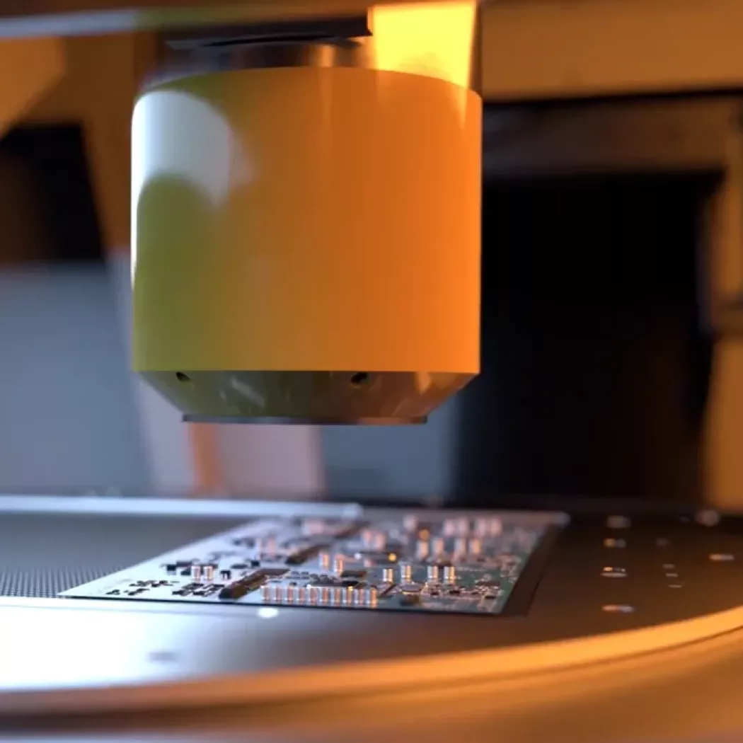 Zbliżenie na skanowanie płyty PCB przez głowicę rentgenowską