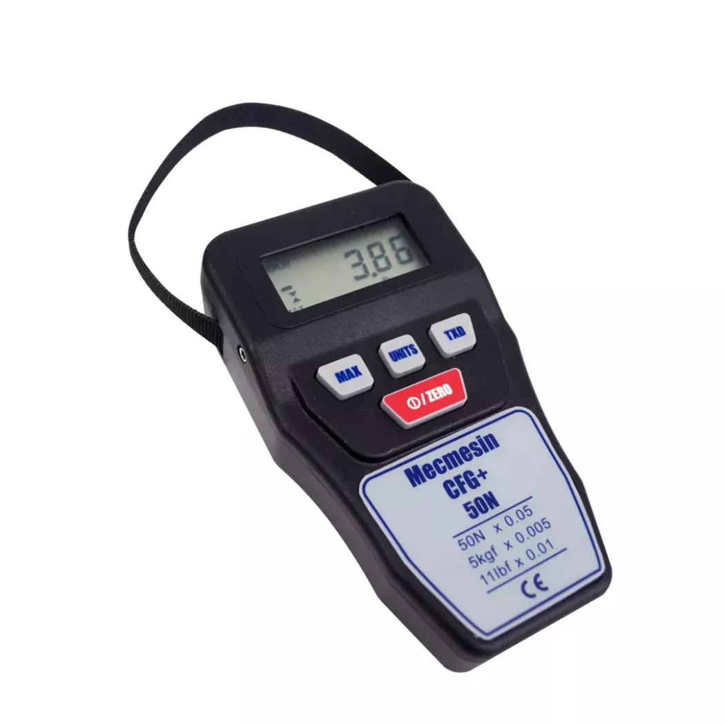 Ręczny miernik siły Mecmesin CFG+ z&nbsp;wyświetlaczem – pomiar siły ściskania i&nbsp;rozciągania