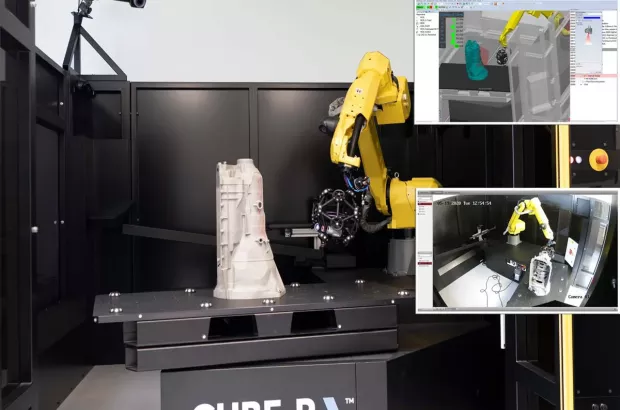 Robot z&nbsp;głowicą skanującą w&nbsp;komórce CUBE-R; podgląd trajektorii skanowania na ekranach